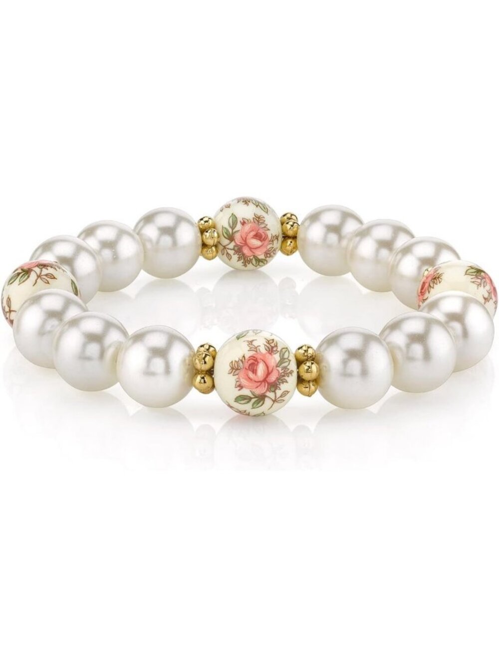 Elegant Gold Tone Stretch Bracelet with Ivory & Desert Pink Rose Faux Pearls